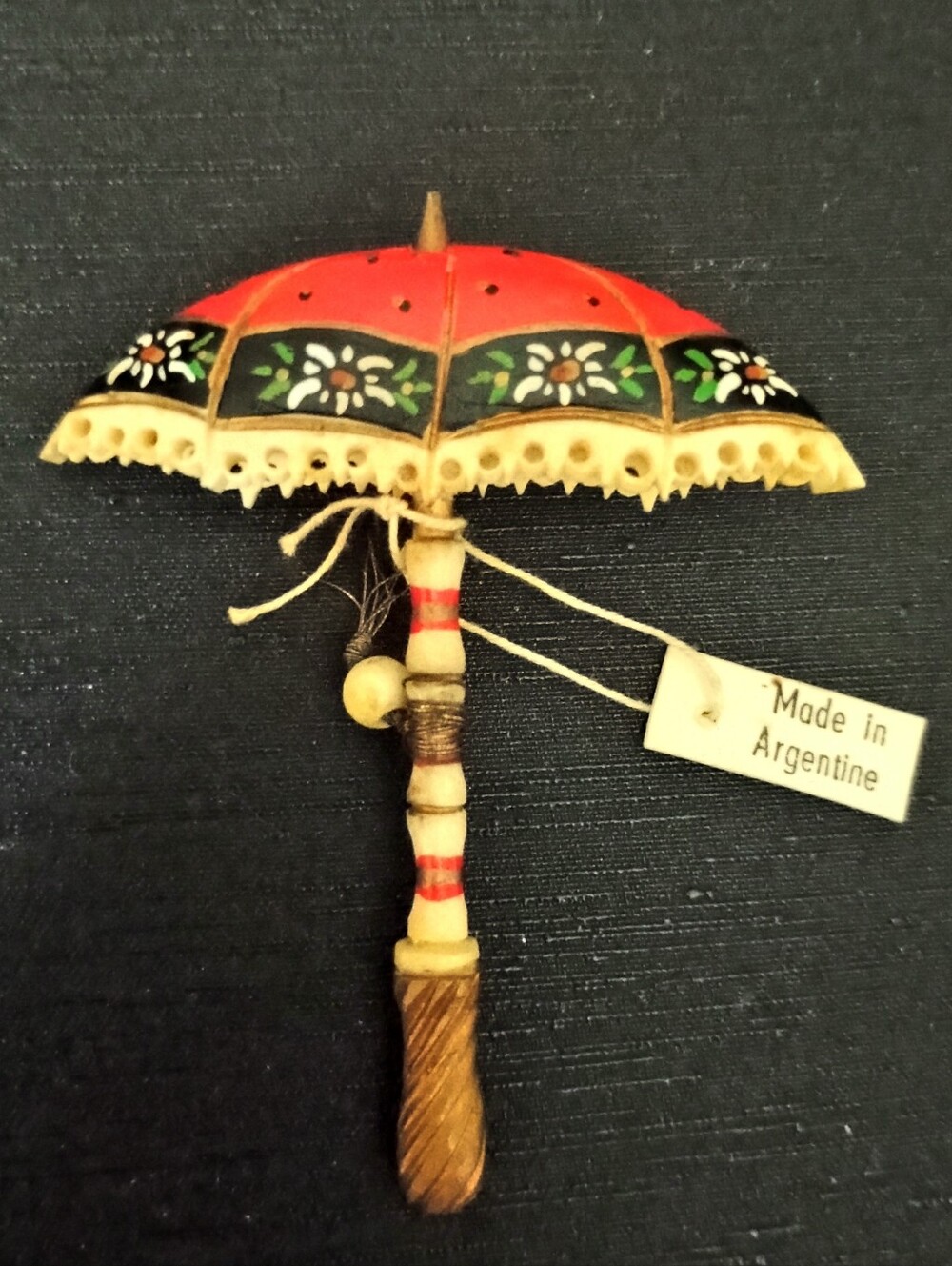 Vintage Hand-Painted Red and Cream Decorative Parasol Brooch - Made in Argentina